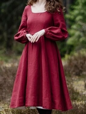 Son de Flor Carmen linen dress in Marsala Red Sz Small